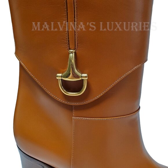 GUCCI BOOTS ELIZABETH HEELED ANKLE BROWN LEATHER w HORSEBIT - Picture 13 of 16